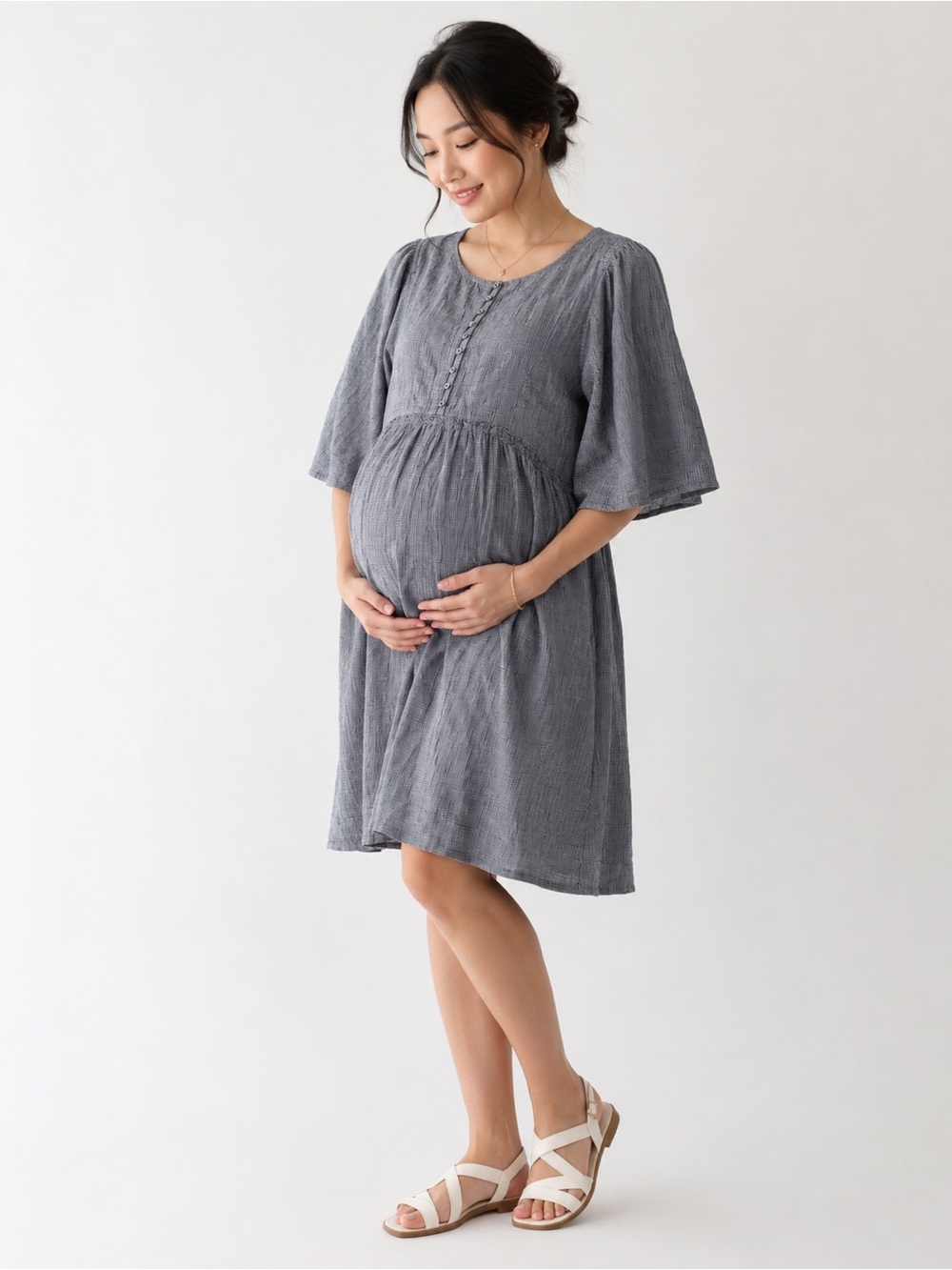 Hatch Navy & White Button-Front Maternity Mini Dress